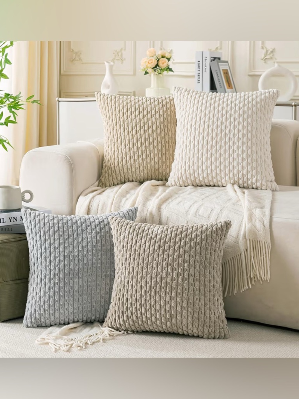 Set of 4 Neutral Decorative Throw Pillow Covers 22x22 Inch